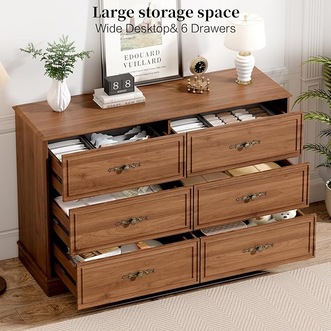 Mid Century Modern 6 Drawers Dresser for Bedroom 47" Wide Wood Rustic Chest of Drawers, Brownish
