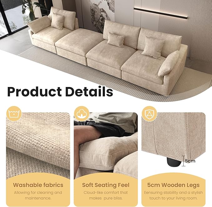 Cloud Couch Modular Sectional Sofa,119.2" 3Seater Wide Couch,Down Filled Convertible Living Room Set, Covers Washable&Replaceable,Khaki