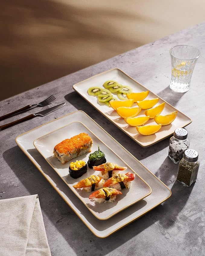 famiware Serving Platter, Rectangular 15.67/14.1/12.6inch Serving Dishes for Entertaining, Microwave Dishwasher Safe, Stoneware for Party, Turkey, Cheese, Ocean Series, Cappuccino White