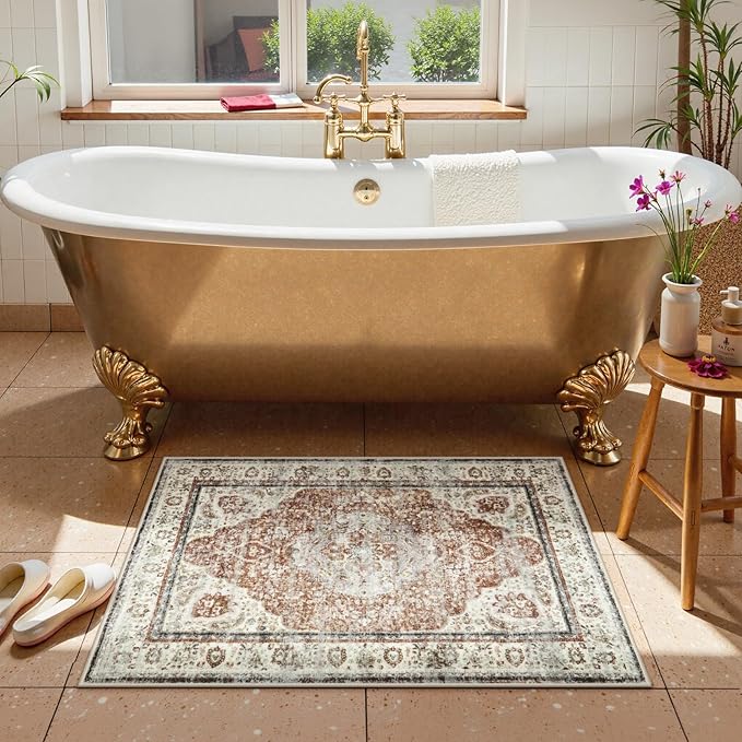 Uphome Boho Bathroom Rugs, Distressed Farmhouse Orange Bath Mat, Comfy Velvet Small Bath Rugs Non Slip Washable, Vintage Oriental Toilet Rug for Sink Shower Vanity, 20x32 inch