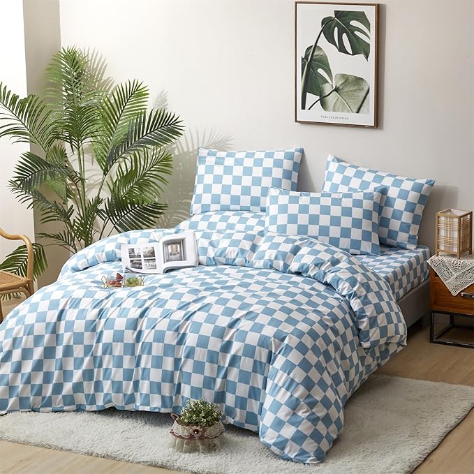 CLOTHKNOW Blue White Plaid Queen Comforter Set Grid Bedding Comforter Sets All Season Light Blue Comforter Checker Queen Size Comforter Sets