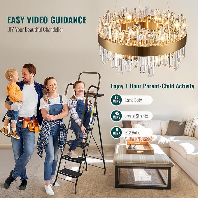 Siljoy Modern Crystal Chandelier, 12-Light Luxury Round 2-Tiers K9 Crystal Raindrop Chandelier, Brushed Brass Gold Crystal Pendant Ceiling Light for Living Dining Room Kitchen Island Foyer D19.7''