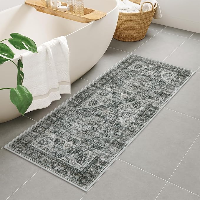 Uphome Bathroom Runner Rug, Distressed Tribal Farmhouse Brown Bathroom Mat, Large Bathroom Rugs Non Slip Washable, Oriental Retro Boho Bath Mat Runner for Bathtub Sink Hallway, 24x59 inch