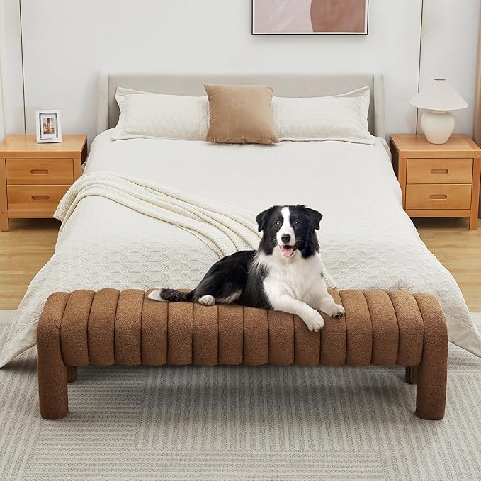 63’’ End of Bed Bench, Modern Boucle Entryway Bench, Upholstered Ottoman Stool with Extra Length, Full Coverage Fabrics, Ottoman for Bedroom, Living Room, Dining Room, Rust Brown