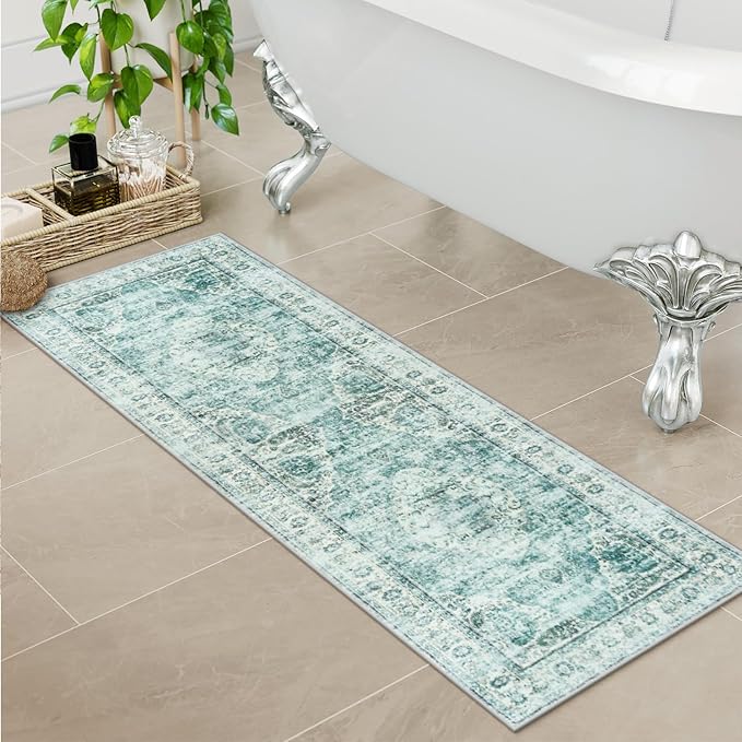 Uphome Bathroom Rugs Runner, Distressed Farmhouse Boho Sage Green Bath Mat, Non Slip Washable Long Bath Rugs, Vintage Traditonal Soft Velvet Bathroom Runner for Bathtub Sink Shower, 18x47 inch