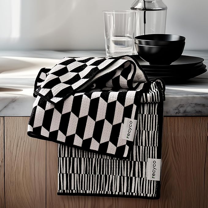 RECYCO Waffle Kitchen Towels Set of 2 Quick Dry Microfiber Sustainable Lightweight Hand Towels Black White Mirage 16x28