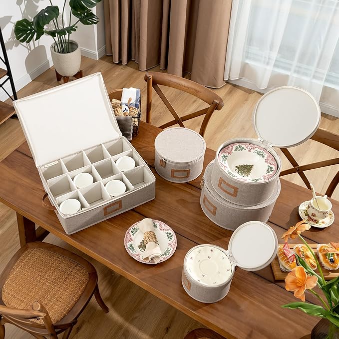 StorageWorks China Storage Containers, Hard Shell Storage Boxes for Plates, Mugs, Stemware Storage Cases, Holds up to 12 Place Settings, Foldable and Stackable Organizers, 5 Pack, Brown and Beige