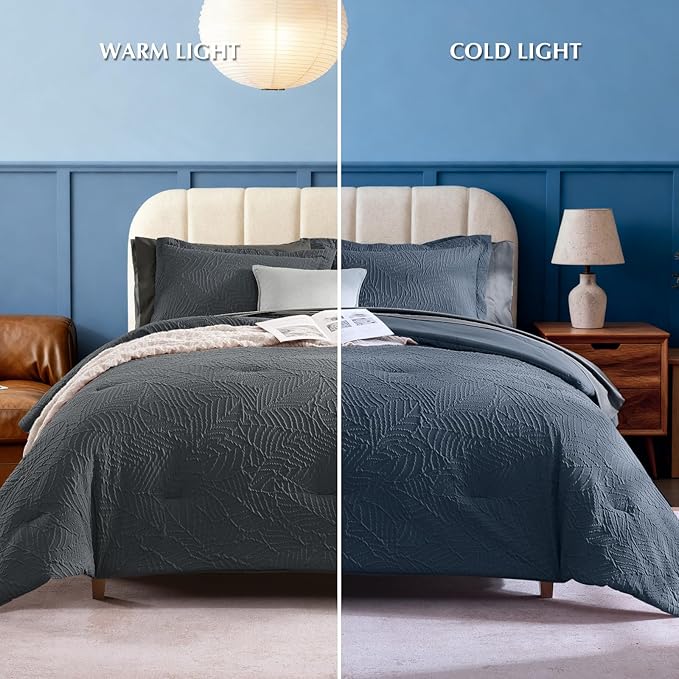 Geniospin Queen Comforter Set - 7 Pieces Blue Gray Textured Queen Bedding Sets with Comforter, Sheets, Pillowcases & Shams,All Season Blue Gray Bedding