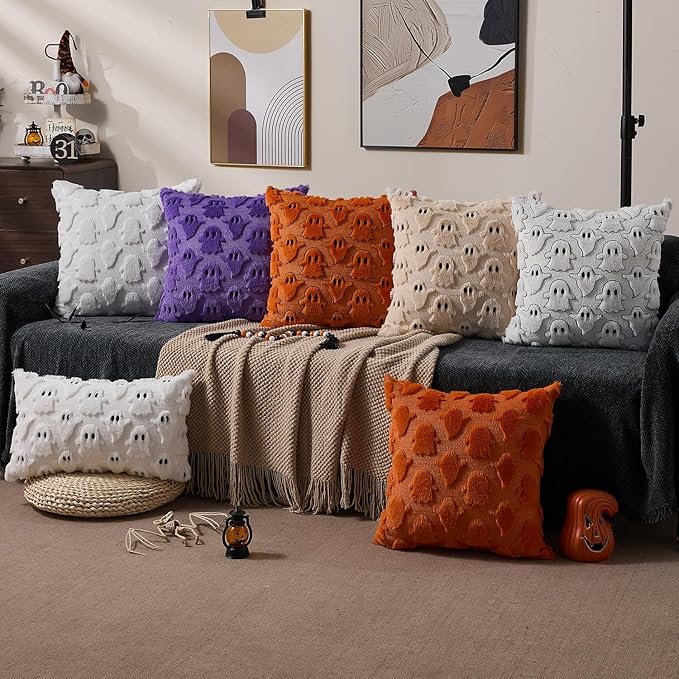 DFXSZ Halloween Pillow Covers 20x20 inch Set of 2 Orange White Ghost Throw Pillow Cases Soft Plush Faux Fur Wool Cushion Case for Chair Bedroom Living Room Home Decor PTK03K20