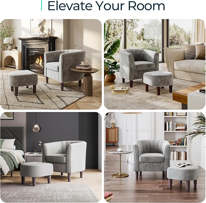 LINSY Accent Chair with Ottoman, Modern Armchair Comfy Barrel Reading Chair with Footrest for Living Room Bedroom Reading Room, Velvet, Light Grey