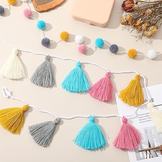 Syhood 4 Pcs Christmas Pom Pom Tassel Garland Felt Pompom Ball Banner Christmas Tassel Garland for Xmas Tree Hanging Decorations Party Supplies Home Decor(Soft Color)