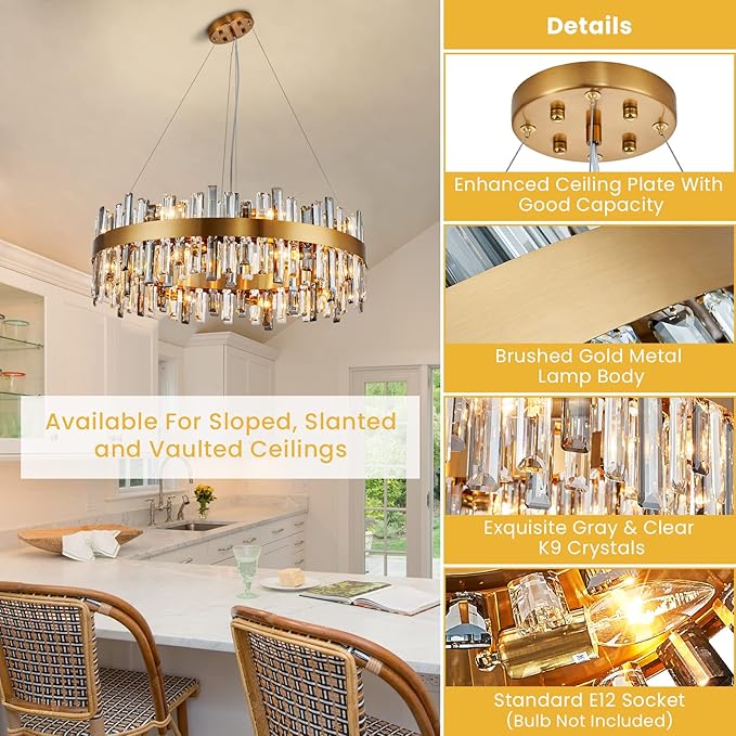 Siljoy Modern Crystal Chandelier 16 Lights Luxury Gold Round 2 Tiers Raindrop Chandelier Dimmable Flush Mount Crystal Ceiling Light for Dining Room Living Room Entryway Foyer D31.5''