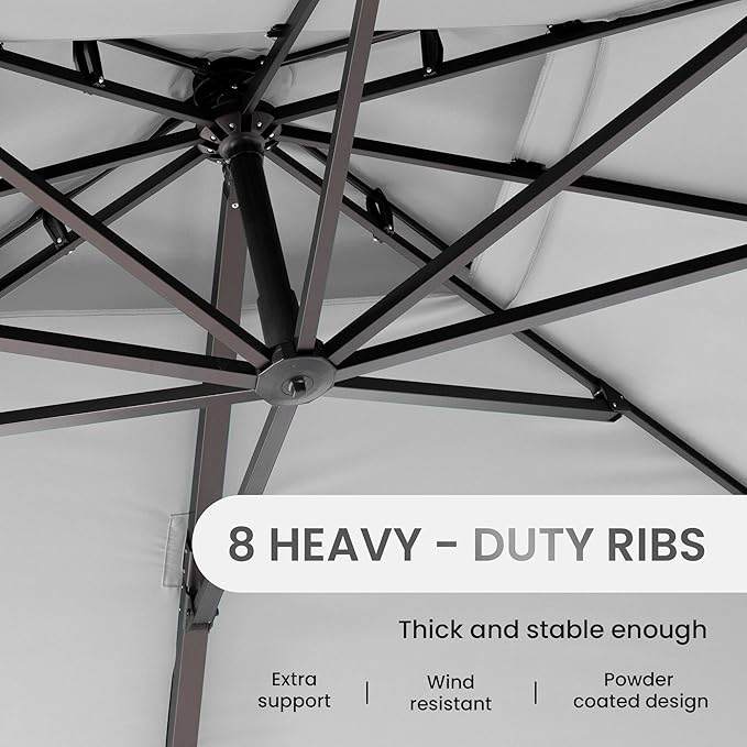 10 X 13 FT Cantilever Patio Umbrella with Base Included Outdoor Heavy Duty Double Top Windproof Rectangle Offset Umbrellas with 360-degree Rotation for Pool Deck Backyard, Foggy Grey