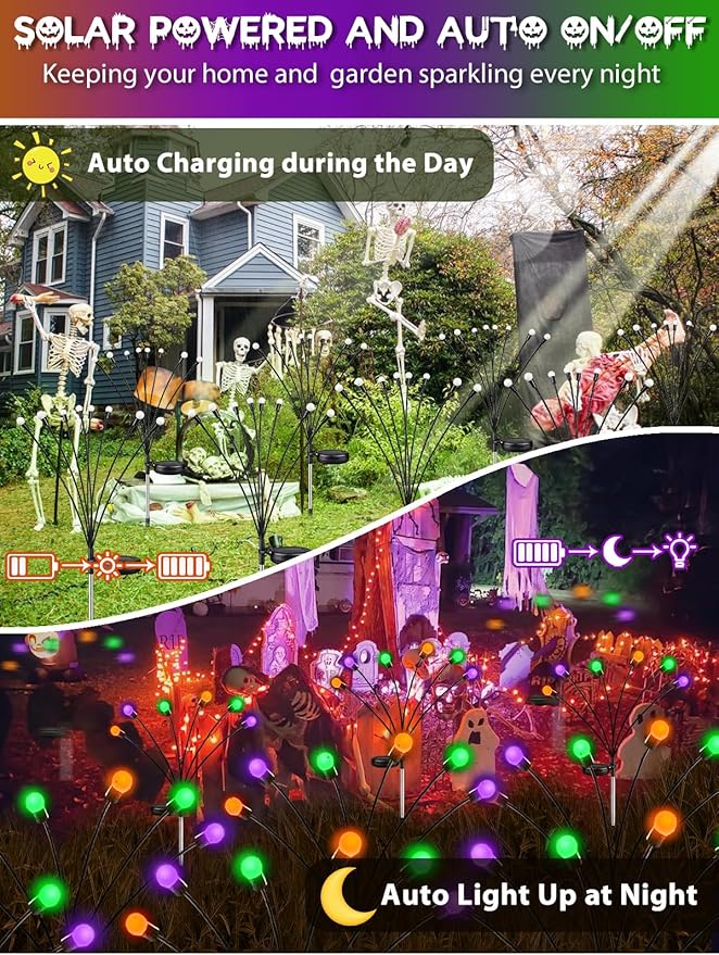 6 Pack Halloween Decorations Outdoor Solar Pathway Lights, Solar Firefly Lights Orange Purple and Green, Sway by Wind, Waterproof Solar Halloween Lights for Patio Garden Yard Lawn Horror Party Decor