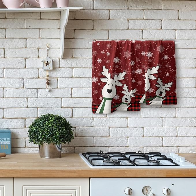 Christmas Deer Hand Towels Set of 2 Red Plaid Moose Elk Snowflake Holiday 16x24