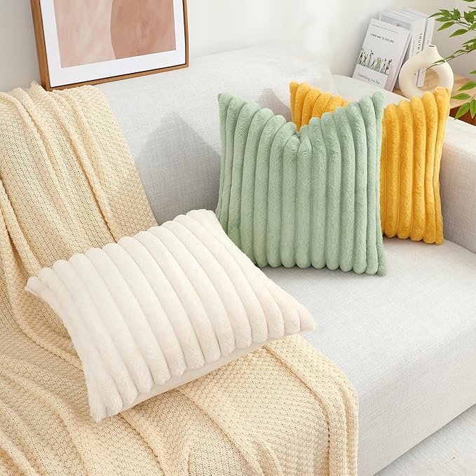 decorUhome Faux Fur Christmas Throw Pillow Covers 20x20 Set of 2, Decorative Soft Plush Striped Neutral Euro Pillow Covers with Velvet Back for Bed, Living Room Home Decor, Sage Green