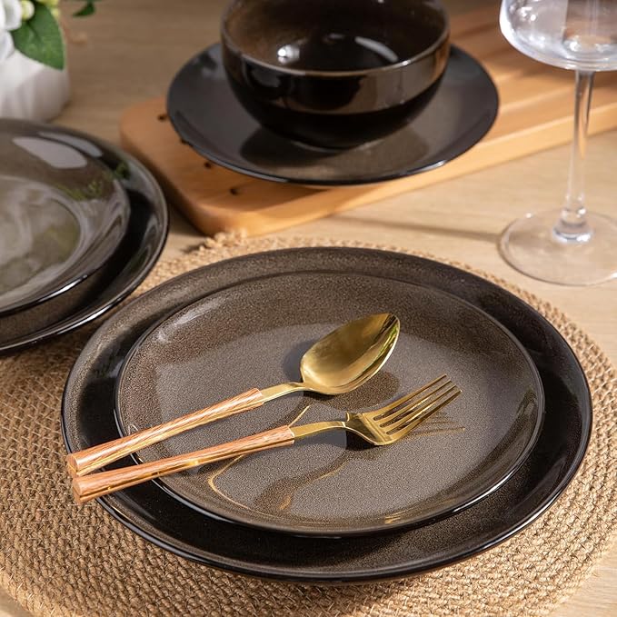 LeRatio Ceramic Dinnerware Sets for 6,Stoneware Plates and Bowls Sets,Handmade Reactive Glaze Dishes Set,Chip Resistant and Scratch Resistant | Oven&Dishwasher & Microwave Safe-Espresso Brown(18PCS)