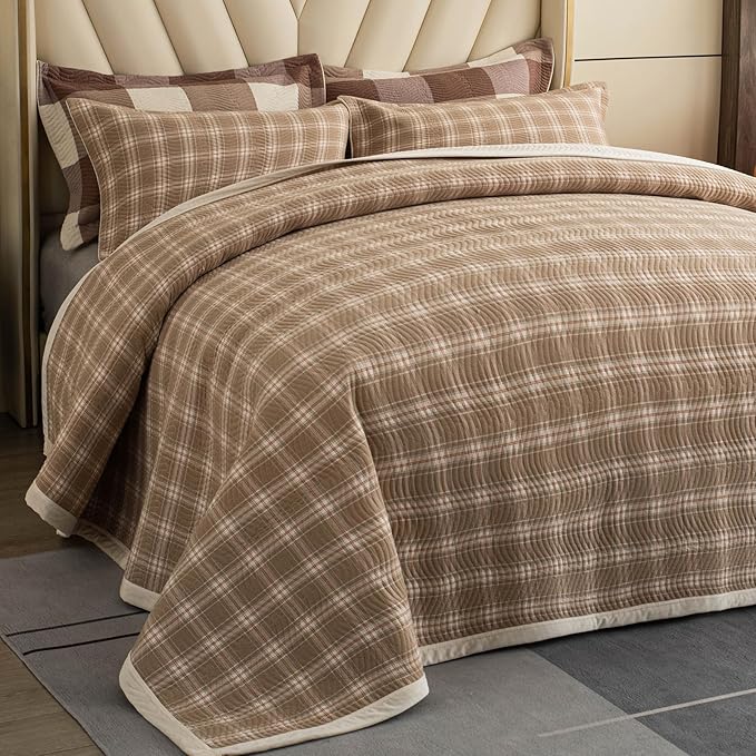 Cotton Plaid Quilt Set Queen 3 Piece Lightweight Reversible Bedding, Grid Beige