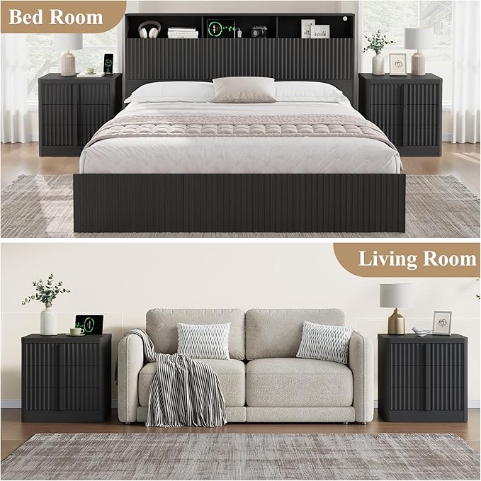 Fluted Nightstand with Charging Station, 23.6" Night Stand with Solid Wood Handle, Mid Century Moden Bedside Table End Table 3 Drawer Dresser for Bedroom, Living Room, Black