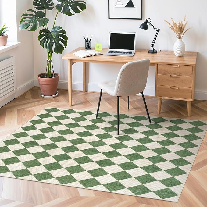 LIVEBOX 5x7 Checkered Rugs for Living Room, Washable Diamond Green Rug Non-Slip Modern Neutral Geometric Plaid Area Rugs for Bedroom, Low Pile Farmhouse Carpet for Office Kids Room Classroom Dorm