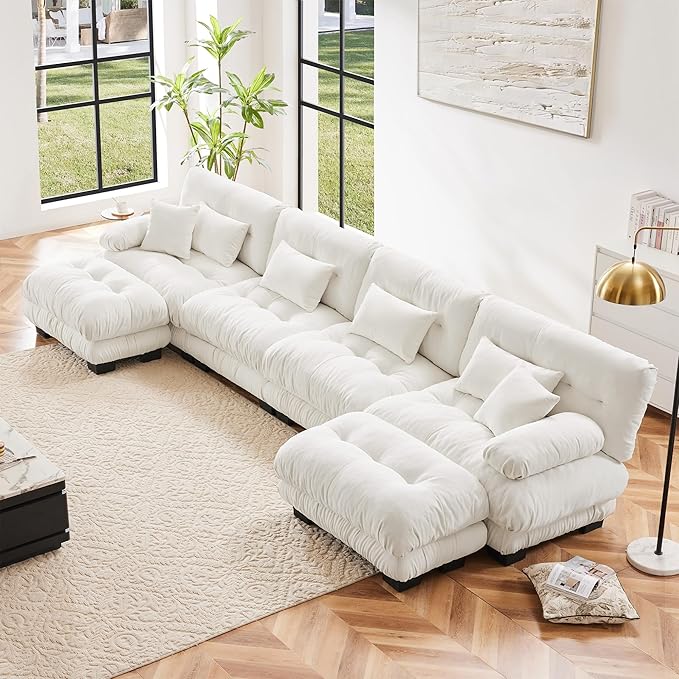 SoarFlash Velvet Sectional Sofa Ottoman, White