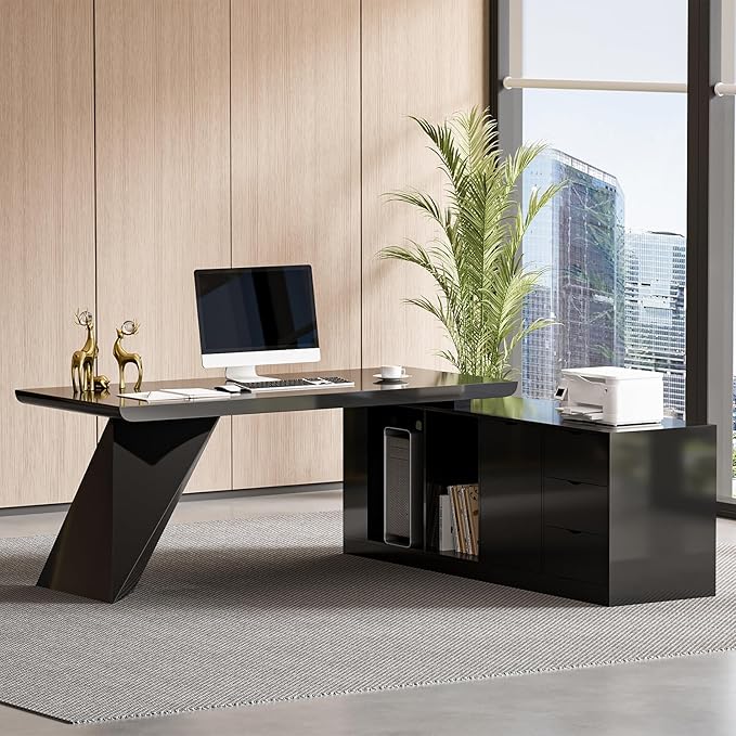 homary 70.9" Modern L-Shape Executive Desk, Home Office Desk with Drawers & Cabinet Modern Computer Desk for Home Business Furniture, Black, Right Hand
