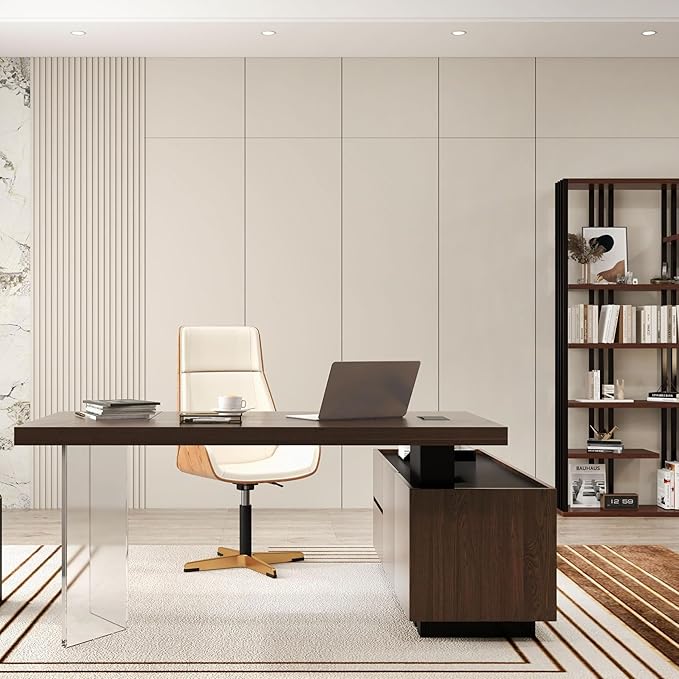 homary 71.5" Modern L-Shaped Desk, Home Executive Office Desk with Lift-Top & Storage Cabinet Walnut Productivity & Ergonomic Comfort Standing Desk for Study, Home Office, Office