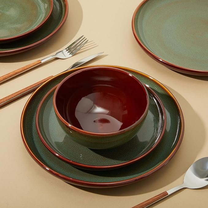 Stoneware Dinnerware Sets for 6, Microwave Safe Plate and Bowl Set, Easy to Clean & Durable Dishes Sets for Small to Medium Families, Sage Green