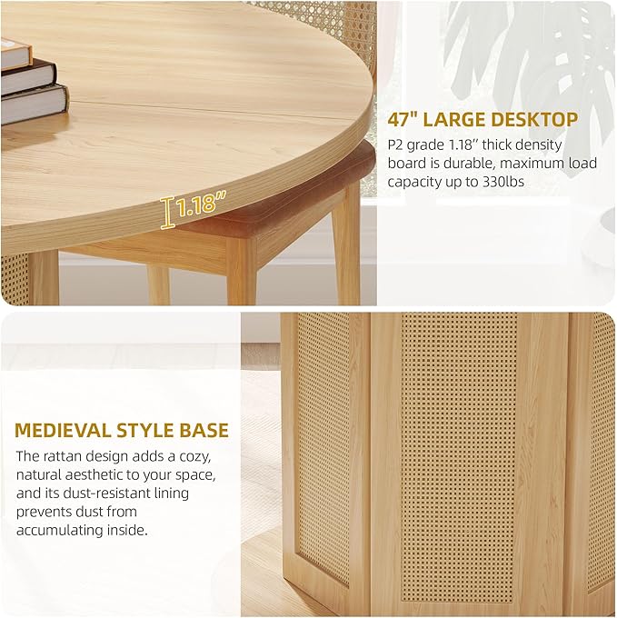 DWVO Round Dining Table for 4-6 People, 47 Inch Farmhouse Kitchen Table with Rattan Circular Base, Natural Oak