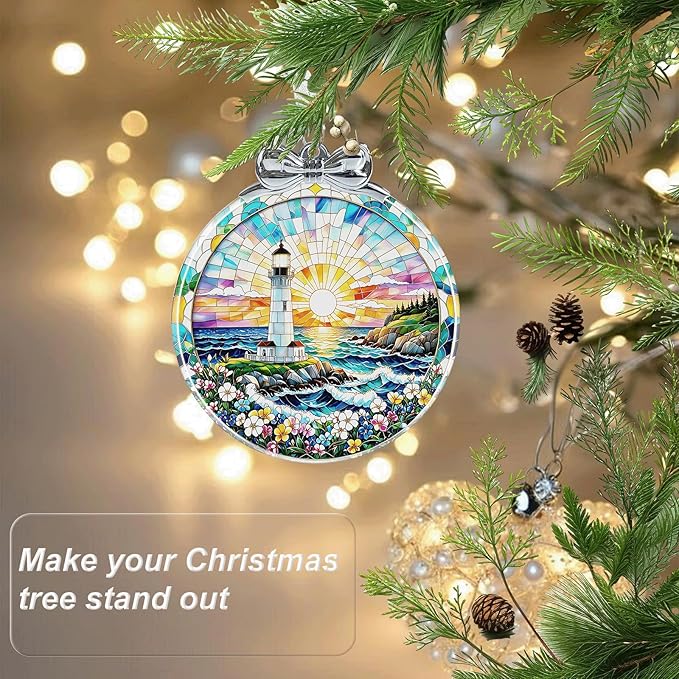 Lighthouse Ornament Crystal Glass with Gift Box- Lighthouse Gifts for Women- Hanging Ornaments for Christmas Tree Xmas Decorations, Holiday Keepsake Present Exchange Ideas
