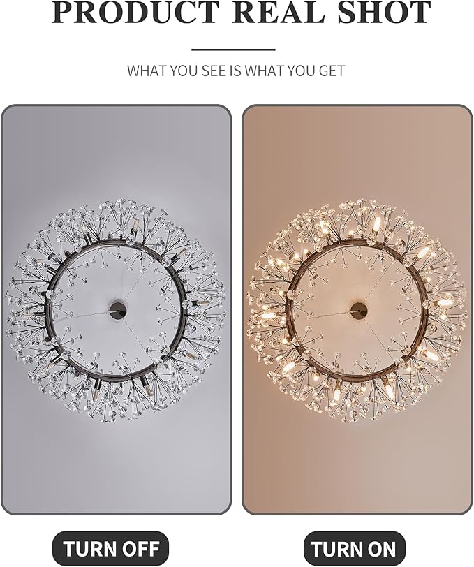 Modern Firework Chandelier, Farmhouse Black Crystal Round Dandelion Sputnik Chandeliers, 31.5" Contemporary 20-Light Pendant Hanging Lighting for Dining Room Kitchen Bedroom Living Room