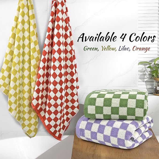 Jacquotha Bath Towels Set of 2 Luxury Cotton Bathroom Shower Towels Body 55” x 27.5” Absorbent Quick Dry, Green Checkered