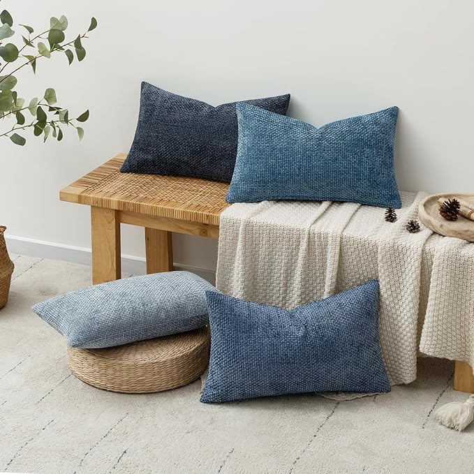MIULEE Pack of 4 Throw Pillow Covers 12x20 Inch Neutral Blue Soft Decorative Chenille Pillow Covers Farmhouse Accent Cushion Covers for Boho Western Home Coastal Decor Bedroom Living Room