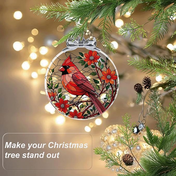 Cardinal Christmas Ornament Crystal Glass for Christmas Tree Décor - Red Cardinal Memorial Gifts - Hanging Ornament Crystal Glass Holiday Keepsake Present Idea