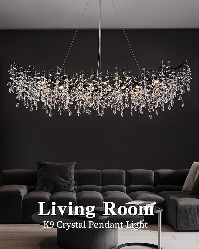 Modern Crystal Chandelier for Dining Room, 16-Light 55.12" Black Tree Branch Chandeliers, Luxury K9 Crystal Rectangular Chandeliers for Kitchen Island Living Room