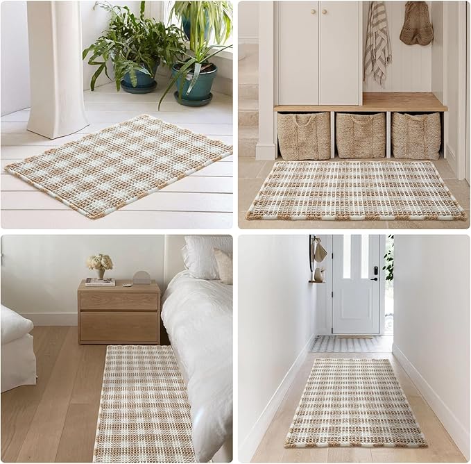 Waffle Runner Rug Bathroom, Long Boho Bathroom Rugs Non Slip Washable Absorbent Checkered Bathroom Mat Quick Dry Farmhouse Bath Mat, 60"x24" Khaki and White