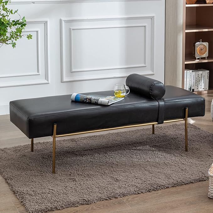 Modern End of Bed Bench, Upholstered Entryway Bench with Detachable Pillow for Living Room, PU Leather Ottoman Bench with Gold Metal Legs, Comfy Cushion Bedroom Decoration Benches (Black)