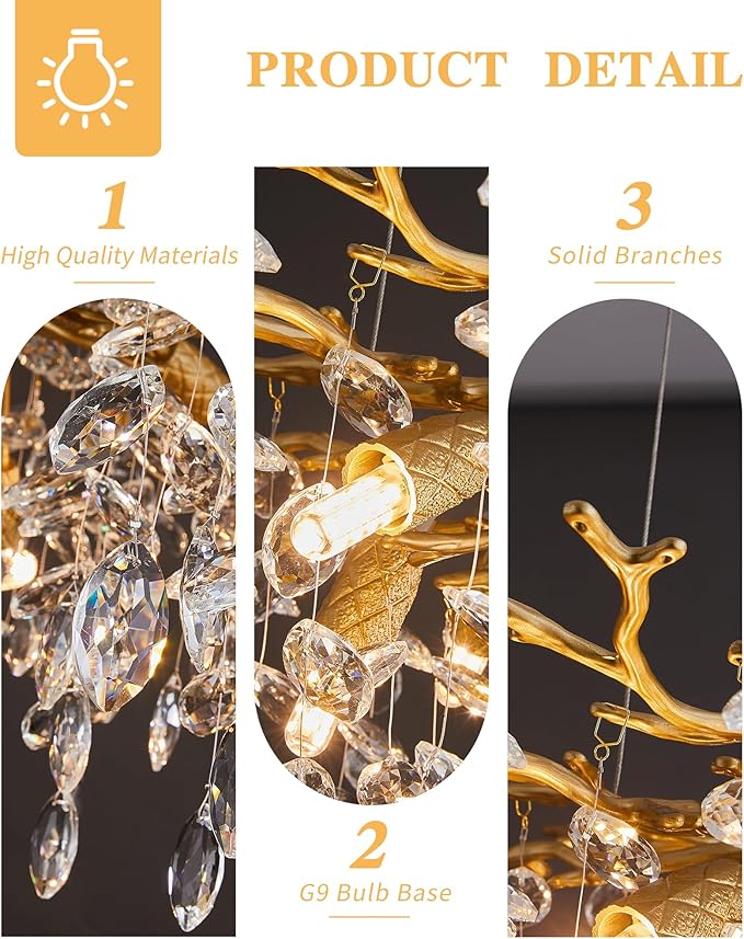 Modern Tree Branch Crystal Chandelier Luxury Gold Crystal Pendant Lighting 30" Contemporary 10-Light Chandeliers for Dining Room Kitchen Bedroom Living Room