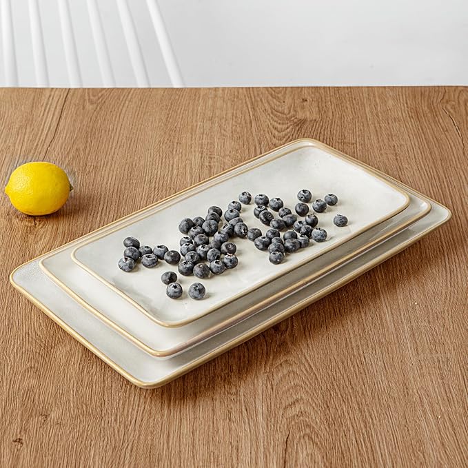 famiware Serving Platter, Rectangular 15.67/14.1/12.6inch Serving Dishes for Entertaining, Microwave Dishwasher Safe, Stoneware for Party, Turkey, Cheese, Ocean Series, Cappuccino White