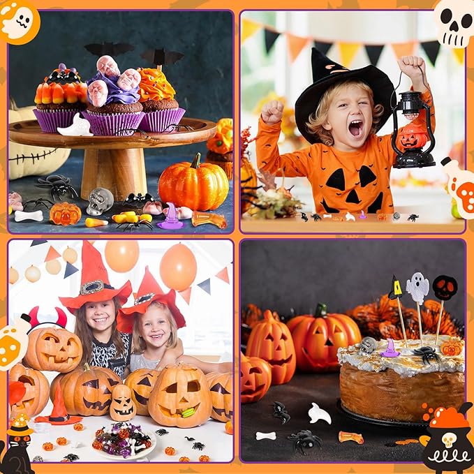 120Pcs Mini Halloween Acrylic Ornaments Vase Filler Mini Ghost Skull Skeleton Witch Hats Bones Spider Acrylic Pumpkin Crystals Gems Table Scatters for Halloween Decoration Party Favors Craft