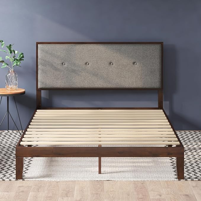 ZINUS Moiz Wood Platform Bed Frame with Adjustable Upholstered Headboard, Solid Wood Bed, Wood Slat Support, No Box Spring Needed, Easy Assembly, Queen