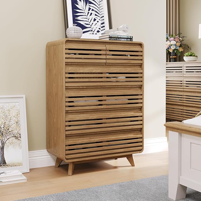 Tall Dresser for Bedroom, Fluted Dresser with 6 Drawers, Chests of Drawers with Grille & Curved Design, Dressers Slides Pre-Installed, Large Wood Drawer Organizer for Bedroom Hallway, Natural Oak