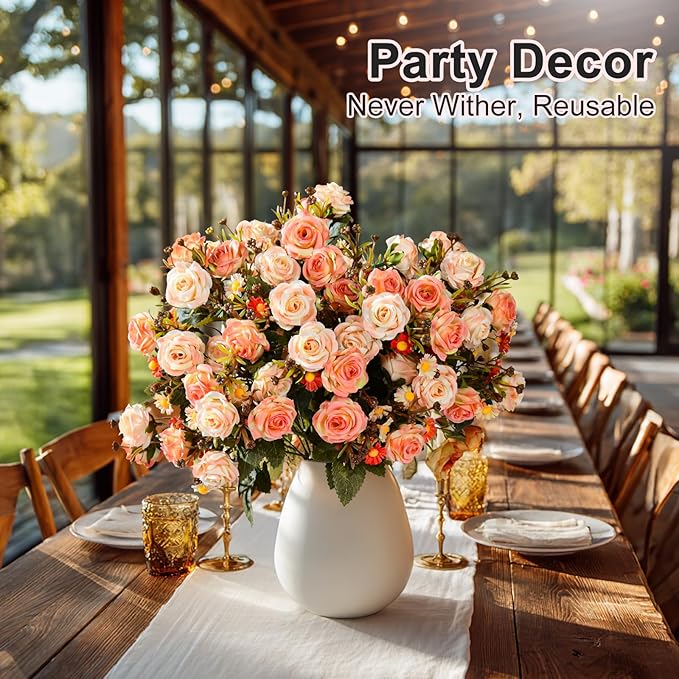 Artificial Flowers for Outdoor 4 Bundles Rose Bouquet with Daisy Faux Flowers UV Resistant for Home Indoor Outside Garden Porch Window Box Balcony Yard Porch Decor (Orange)