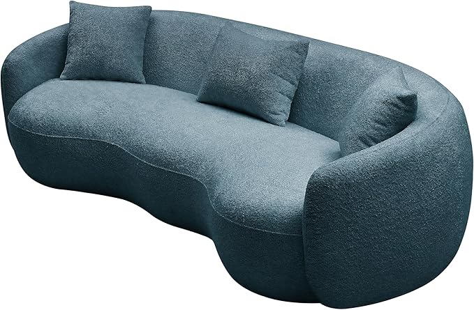 KEIKI 94" Boucle Half Moon Curved Sectional Sofa with 3 Throw Pillows, Modern Style 4-Seater Teddy Fleece Leisure Couch with Curved Backrest, Easy Assembly, for Living Room, Bedroom, Blue