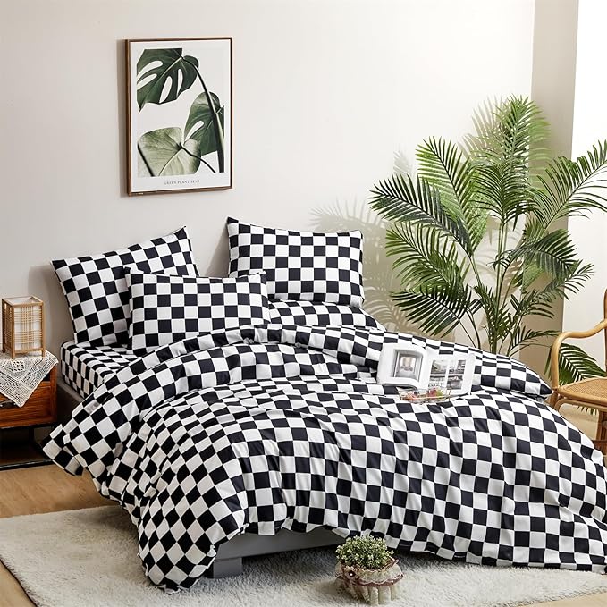 CLOTHKNOW Black White Plaid Queen Comforter Set 3Pcs Grid Bedding Comforter Sets Soft Checker Geometric Queen Comforter with 2 x Pillow Cases