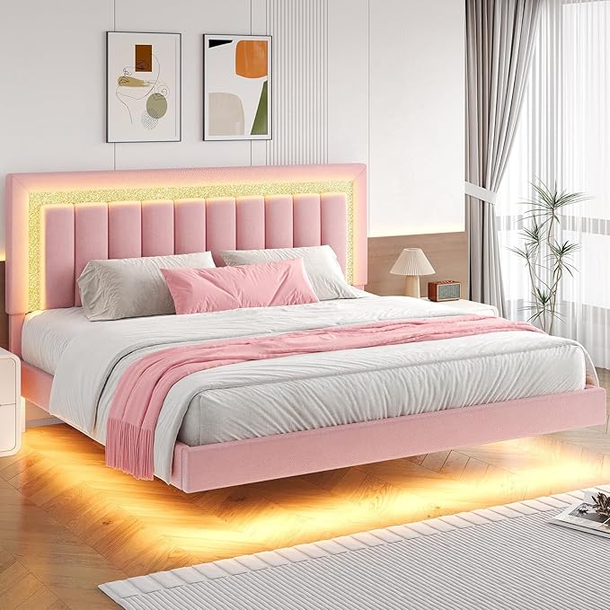HOMBCK Floating Bed Frame King with Smart LED Lights, Faux Leather Upholstered Bed with Diamond PU Headboard, No Box Spring Needed, Noise-Free, Easy Assembly, Pink