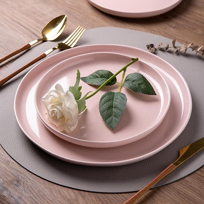 AmorArc Ceramic Dinnerware Sets for 8, 24 Pieces Handpainted Speckled Plates and Bowls Set with Rustic Terracotta Underside, Scratch Resistant Stoneware Dishes Set, Dishwasher & Microwave Safe, Pink