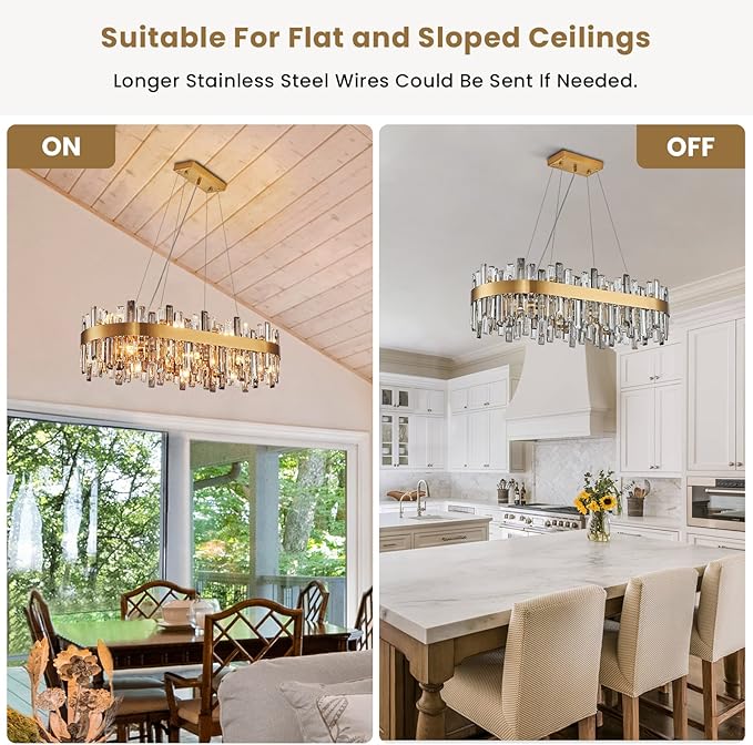 Siljoy 16-Light Modern Crystal Chandelier for Dining Room, Luxury Gold Rectangular Crystal Raindrop Chandelier, Farmhouse Oval Adjustable Pendant Ceiling Light for Living Room Kitchen Island L35.4''