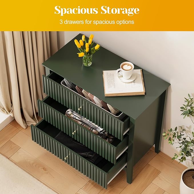 Large Green 3 Drawer Dresser, Painted 30 Inch Tall Wood Nightstand with Storage, Wide Modern Chest of Drawers with Ball Bearing Slide for Bedroom Hallway Living Room Entryway Office