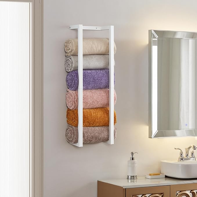Towel Rack for Rolled Towels, Towel Rack for Bathroom,Wall Mounted Metal Bathroom Organizer, Bath Towel Holder Wall for Modern Small Space Bathroom Towel Storage (White)